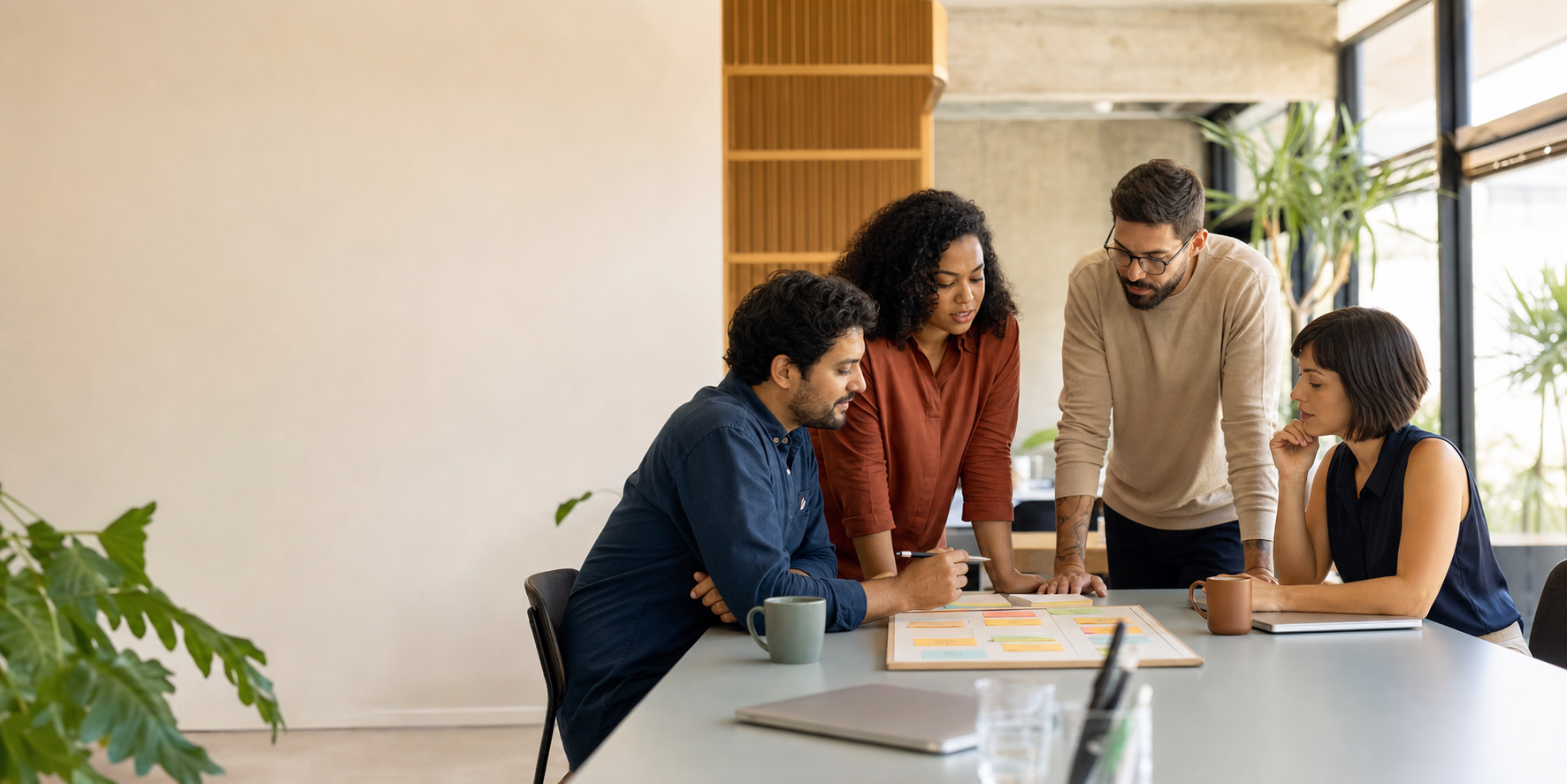 Equipe reunida para organizar prioridades de uma empresa